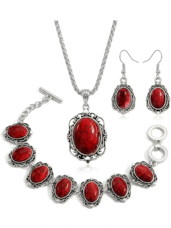 Anthropologie Silver-Tone Red Stone Necklace, Bracelet & Earring Set