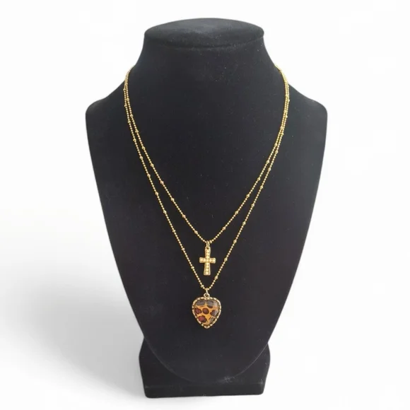 Betsey Johnson Leopard Print Heart And Cross Double Layered Necklace