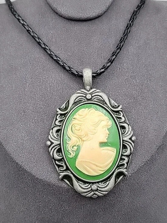Vtg Large Cameo Lady Statement Pendant  Necklace Green White Resin Black Cord