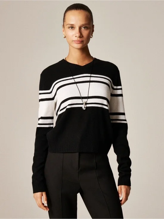 J. Crew Cashmere high V-neck sweater in stripe Black and White Size XS