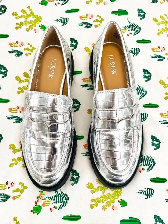 J.Crew Winona Metallic Silver Croc Leather Lug Sole Penny Loafers | Size 8.5