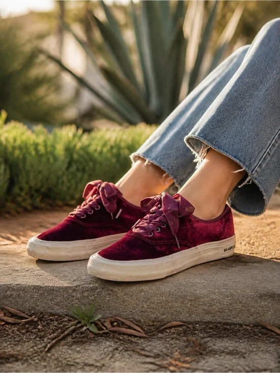 J. Crew Velvet Legend Sneakers Burgundy Maroon Women’s 9 Coquette SeaVees