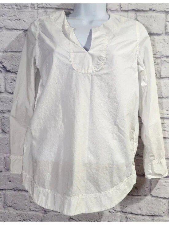 J. Crew White Long Sleeves With Buttons V Neck Top PXS Lightweight Rounded Hem