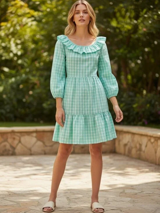 J. Crew Seersucker Ruffleneck Cotton Mini Dress, Aqua Green Blue, Cottagecore
