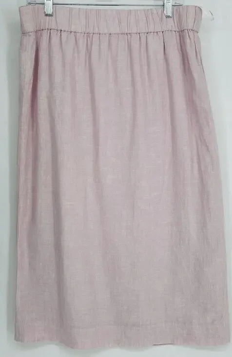 J.Crew 100% Linen Midi Skirt Pink Elastic Waist Cotton Lined Size LT