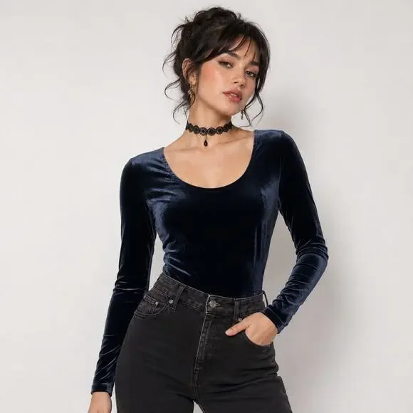 J. CREW Jeans Dark Blue Velvet Long Sleeve Snap Gusset One Piece Bodysuit Size M