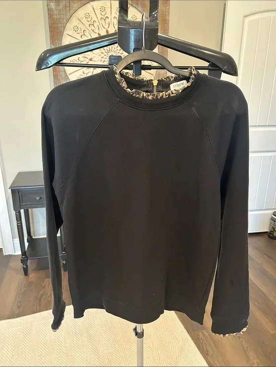 J. Crew Black Crewneck Sweatshirt with Leopard-Trim / Like New! Sz medium