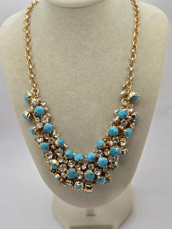 Gold Tone Turquoise Blue & Clear Rhinestone Statement Bib Necklace 19