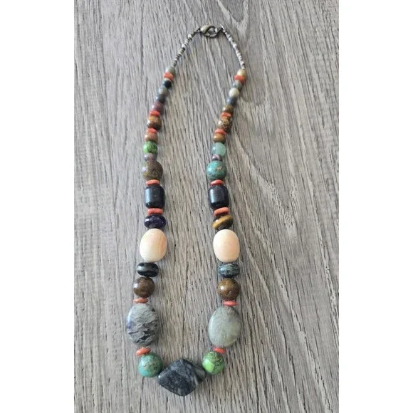 Multi Natural Stone Necklace Sterling Clasp Quality Artisan Jewelry Vtg