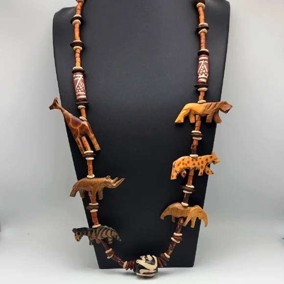 Handcrafted Animal Charm Necklace - Natural Wood Seed Pottery Ethnic Tribal 28