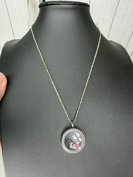 Origami Owl Silver Locket w/ Crystals Flower “F” Heart Charms and Necklace Set