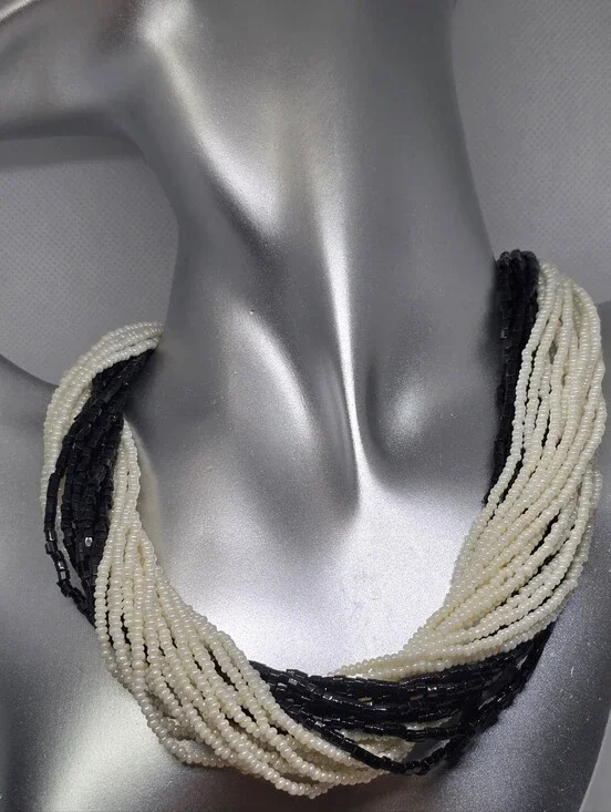 Vintage Black Off White 24 Multi Strand Glass Seed Bead Necklace Twist 14