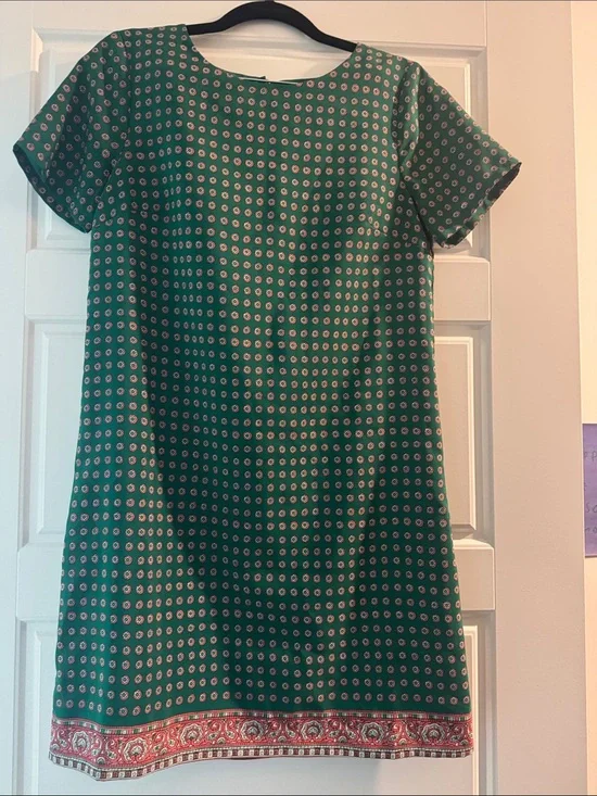 J. Crew Teal Green Printed Short Sleeve Shift Dress with Red Accent