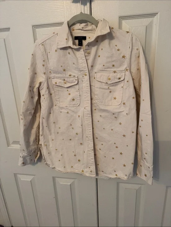 J. Crew Cream denim with stars Shirt with Gold Star Print