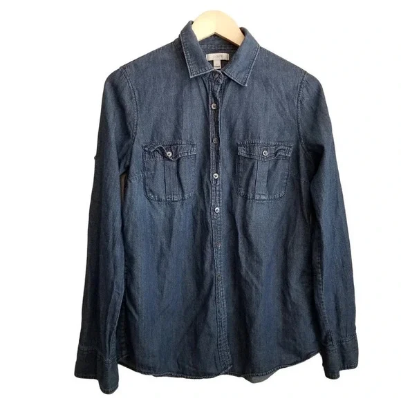 J.Crew Women's Button-Up Top Size 10T Blue 100% Cotton Long Sleeves Collared