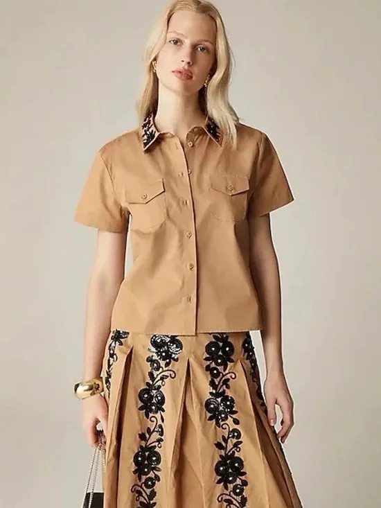 J. Crew Collection Tan Short Sleeve Crop Shirt with Black Beaded Collar 4