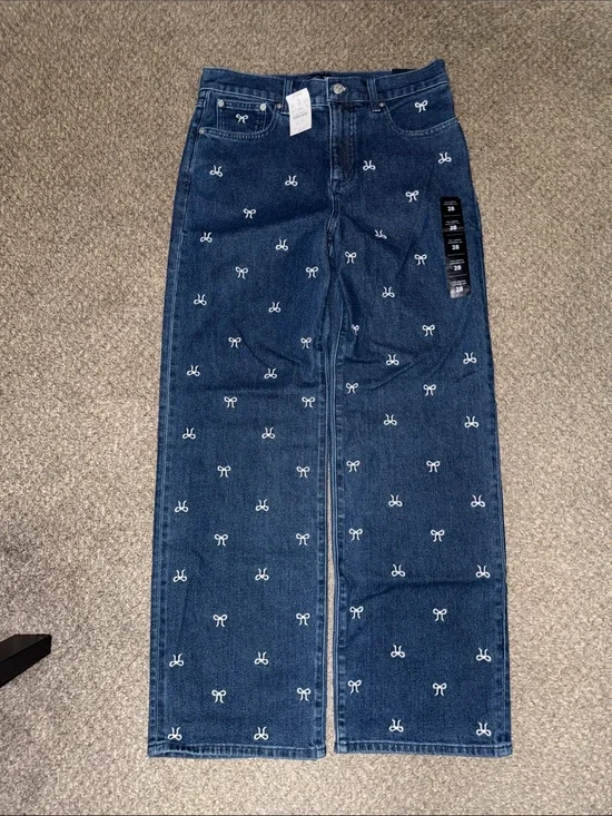 J. Crew Dark Blue Wide-Leg Jeans with White Bow Embroidery **BRAND-NEW!!**