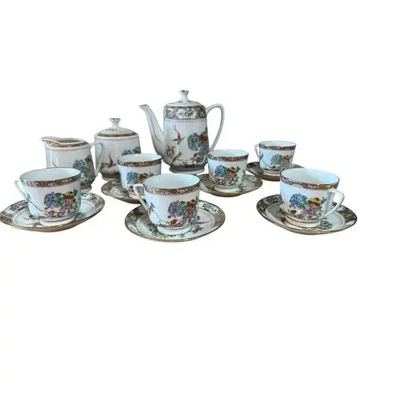 Vintage Chinese Porcelain Painting Tea Set, Hand Painted Birds & Flowers,
