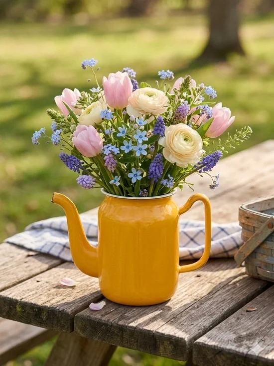 Charming Vintage Glossy Yellow Enamel Coffee Pot