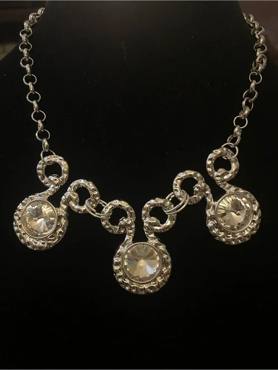 Silver Crystal Drop Statement Necklace - Clear
