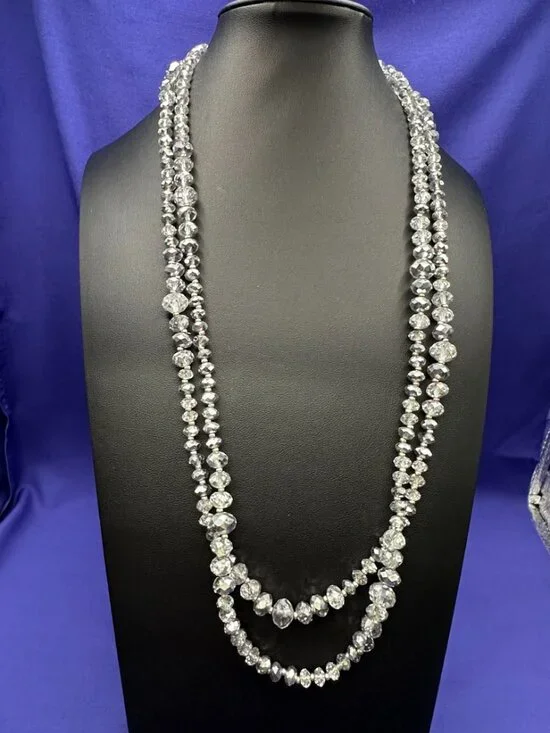 VTG WH/BM Long Smoky Glass Beads Silver-Tone Setting
