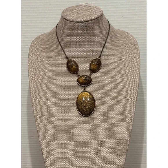 Boho Copper Tone Tiered Statement Necklace Faux Pietersite Resin Oval Pendants