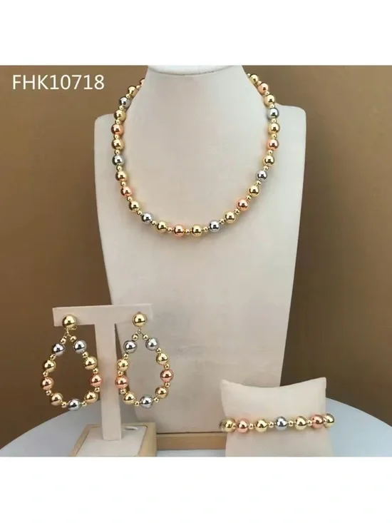 Tri-Color Metallic Beaded Necklace, Bracelet & Earring Set