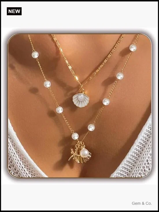 Layered Seashell Starfish Pearl Beach Charm Necklace Set