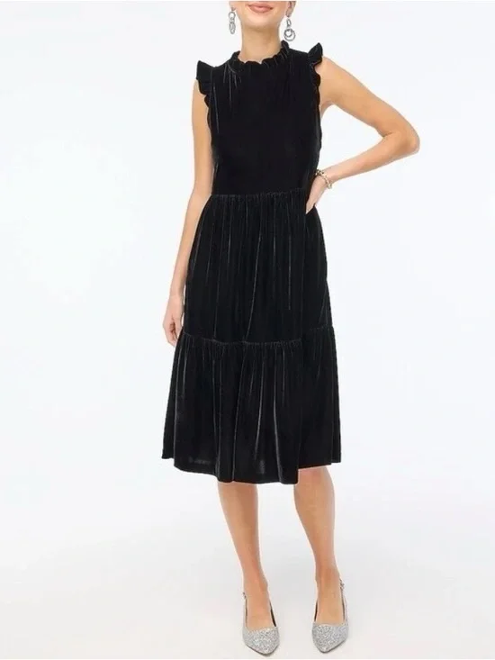 J. Crew Black Velvet Ruffled Neck women’s Midi Dress