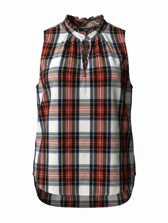 J. Crew women’s Red Navy White Plaid Ruffle Neck Sleeveless Top size 4