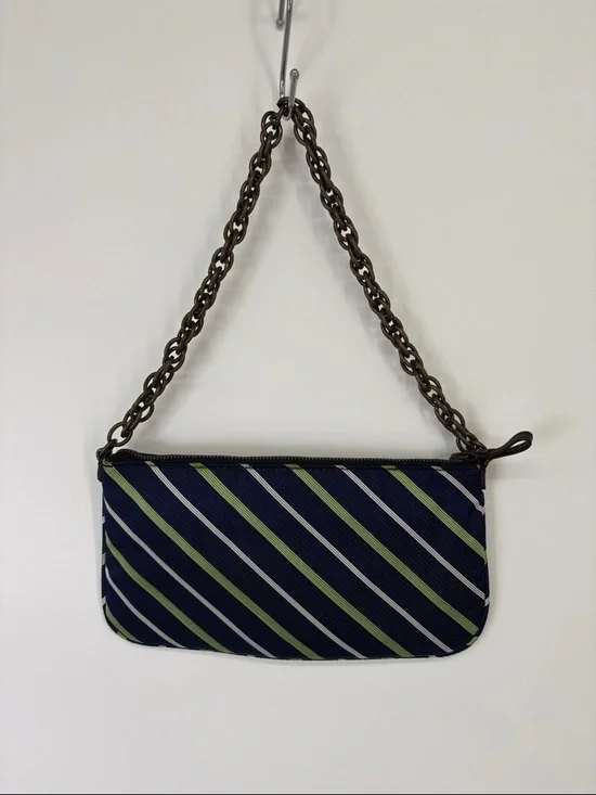 🗄️ J. Crew silk Navy Blue and Lime Green Striped Mini Bag with Chain Strap
