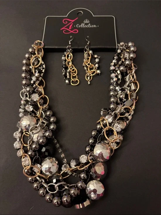 IC COLLECTION Hematite & Gold Multi-Strand Statement Necklace with Earrings