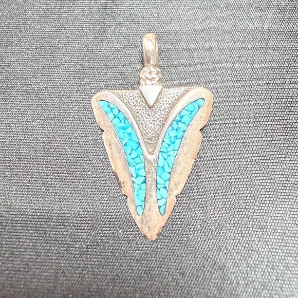 Vintage Sterling Silver Turquoise Chip Inlay Arrowhead Pendant Southwestern