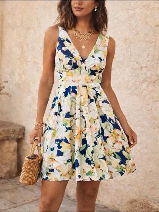 J Crew Floral V-Neck Summer Dress in Navy & Pastel