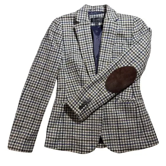 J Crew Campbell Blazer Houndstooth Moon Wool Elbow Patches Academia Equestrian
