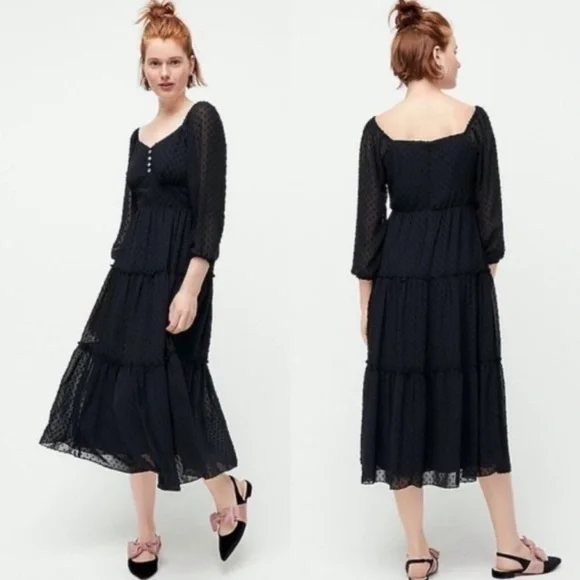 J. Crew Black Tiered Midi Dress in Swiss Black Dot Size 00