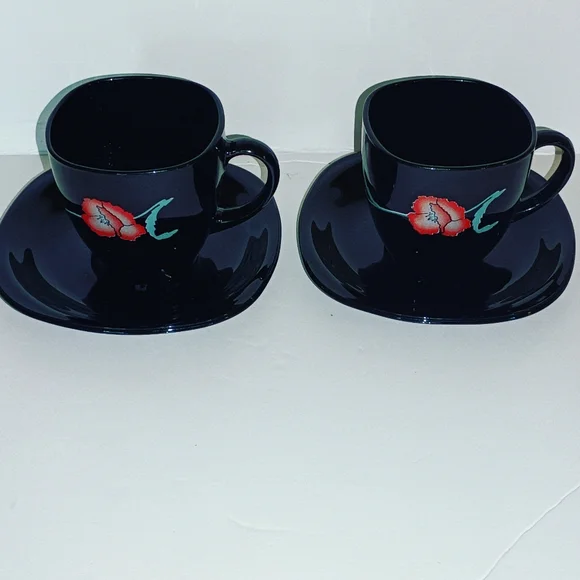 Set of 2 Arcoroc France Floral  Black Glass Demitasse Espresso Cups Saucers Vtg