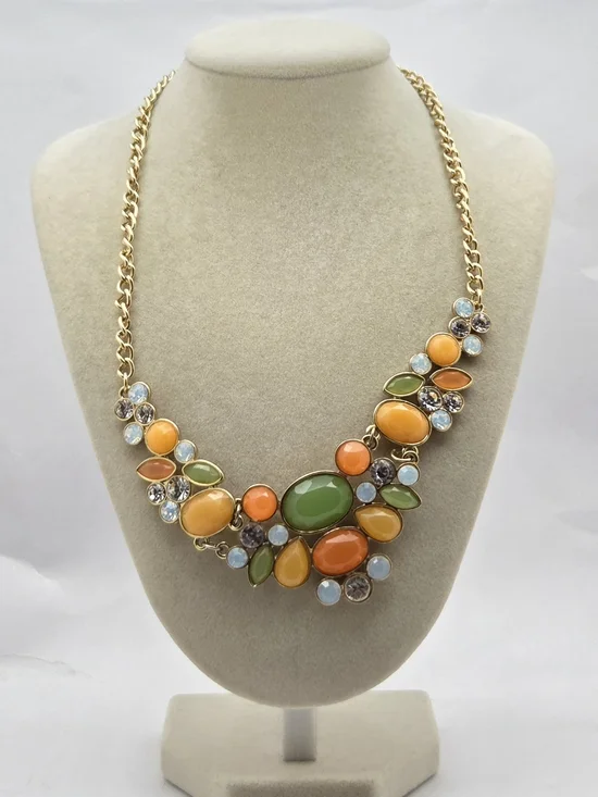 Vibrant Citrus Bib Statement Necklace Gold Tone Rhinestone Orange Green 19.5