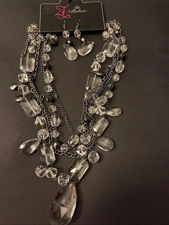 IC COLLECTION Clear Crystal Multi-Strand Statement Necklace and Earring Set