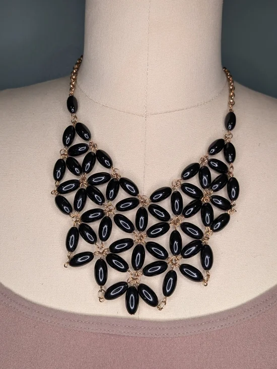 Black Beaded Floral Lattice Bib Statement Necklace Gold Tone Geo Collar