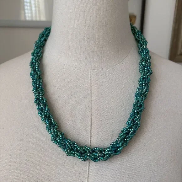 Turquoise Iridescent Glass Bead Braided Necklace Magnetic Clasp 24”