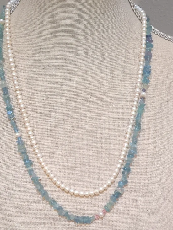 Pearl and Aquamarine Layered Necklace White and Blue With Sterling Silver Clasp