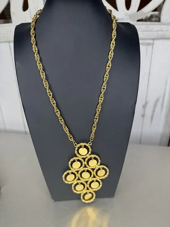 Vintage Cascade Waterfall Mirrored Effect Gold Tone Necklace Oversized 70s Glam