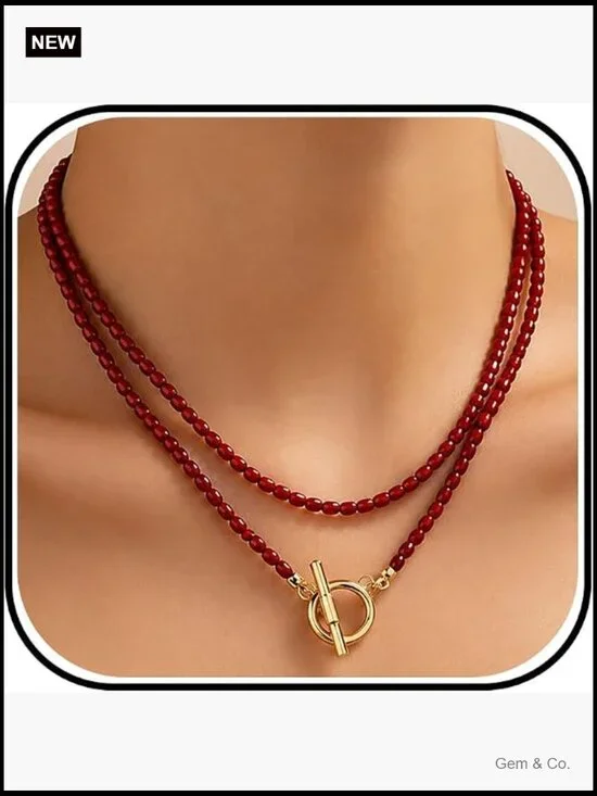 Layered Red Beaded Choker Necklace Boho Statement