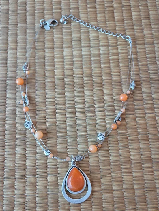 Chico's Silver-Tone Necklace with Orange Teardrop Pendant