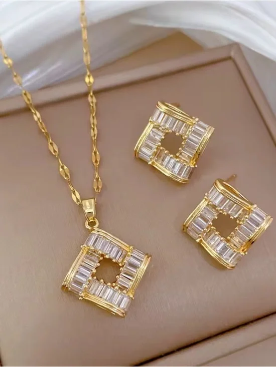 18k gold plating Square Crystal Pendant Necklace & Earrings Set