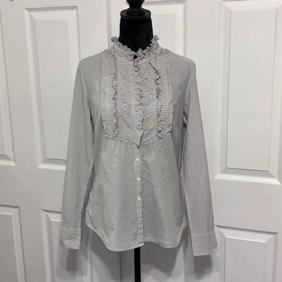 J. Crew Women’s Grey Gray Ruffled Mock Neckline Button Down Dress Shirt size 4