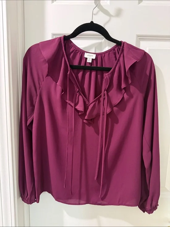 J. Crew Ruffle Tie-Neck Long-Sleeve Blouse in Berry Plum