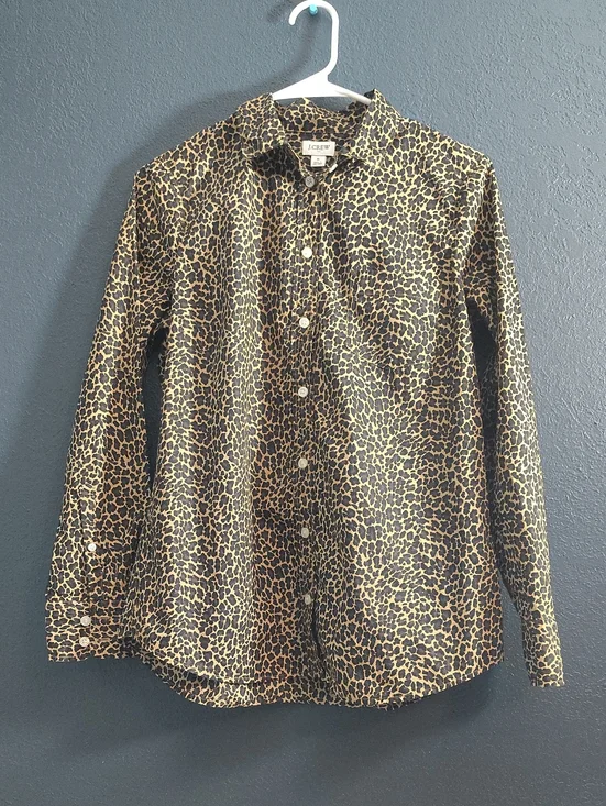 J. Crew Leopard Print Chic Preppy Button-Down Shirt - Tan & Black