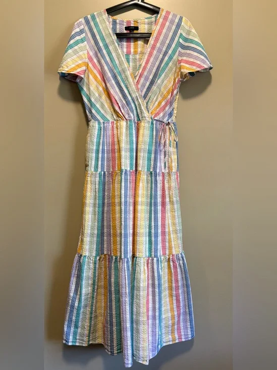 J. Crew Pastel Rainbow Striped Tiered Midi Dress